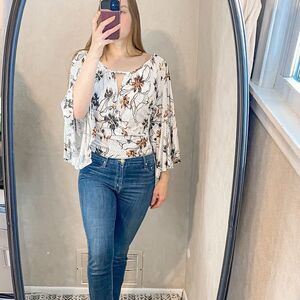 Free People Last Time Floral Drape Bell Sleeve Crop Top